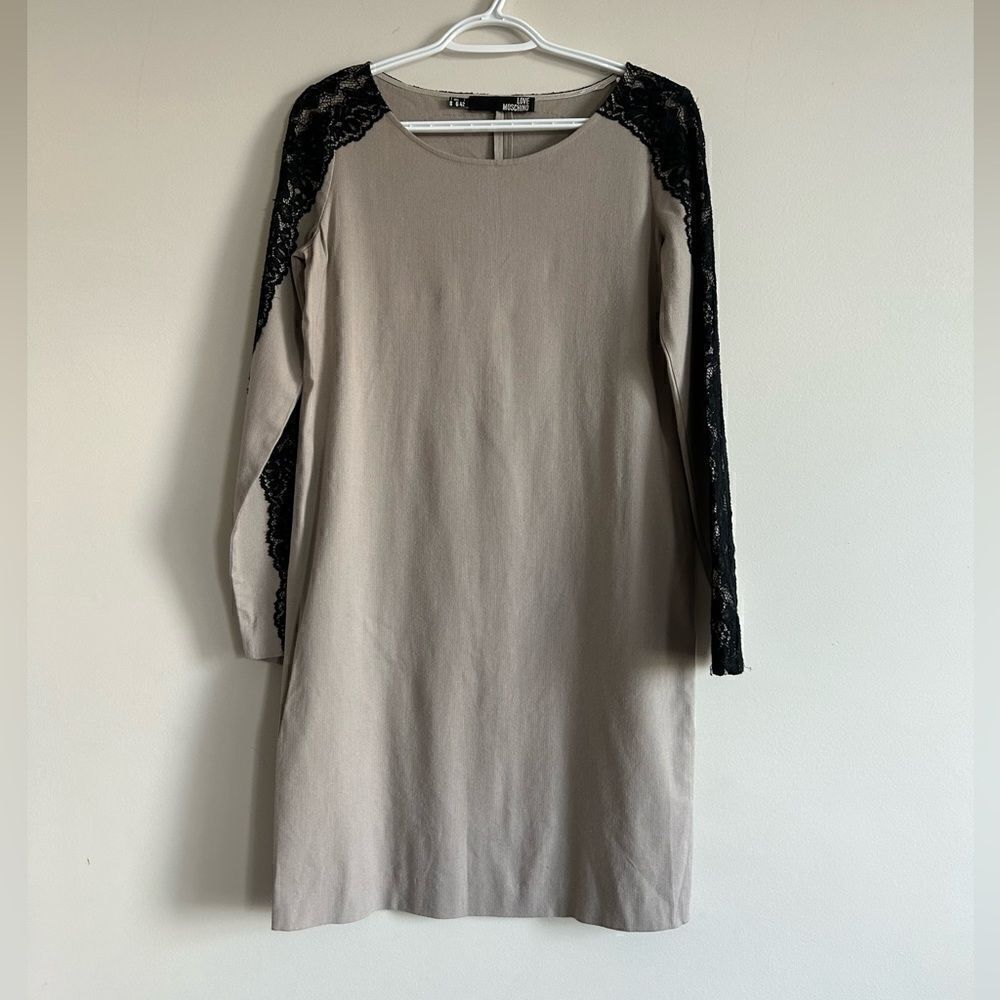 Love Moschino Cream Dress with black Lace Long Sleeves